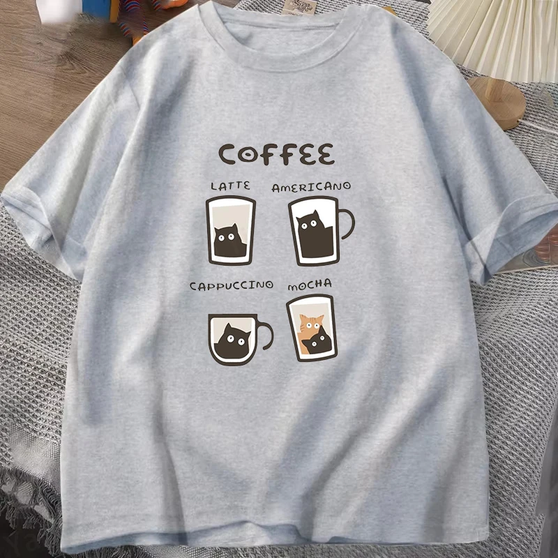 Kitten Coffee Cute Print T-Shirts For Women Man Summer Short Sleeve Comfy Soft Couple's Tee Round Neck Casual Summer Unisex Top