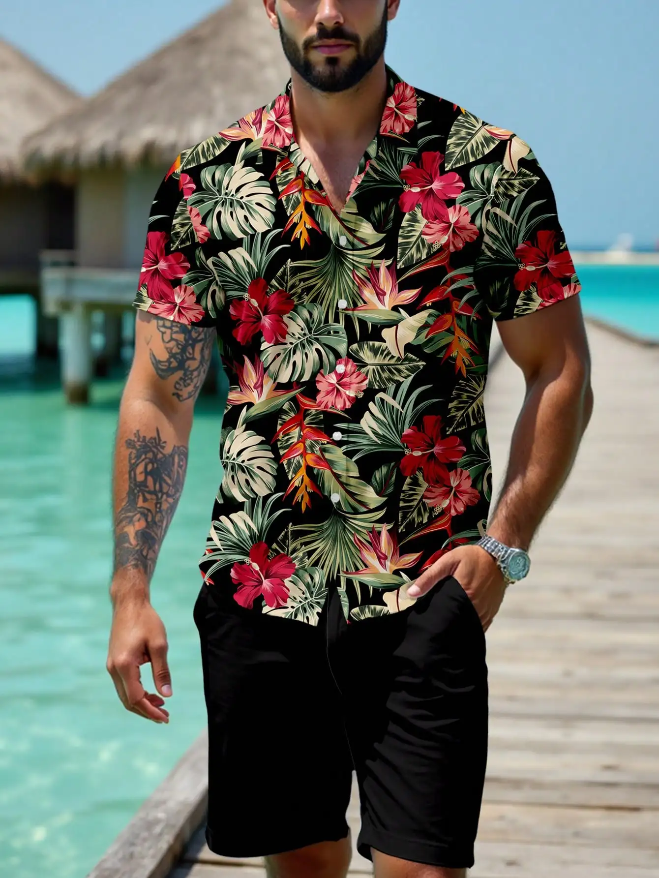 

Men's Tropical Floral Print Short Sleeve Collared Shirt - Black Base, Vacation Style