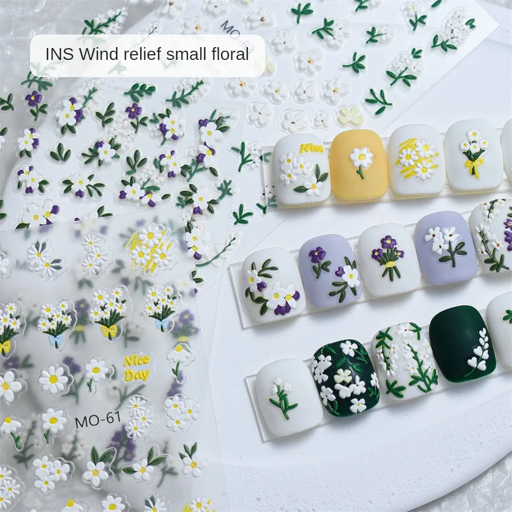 Nail Stickers Compact Design 3d Adhesive Embossed Stickers Manicure Tools Nail Decals Easy To Operate Small Floral Smd Design