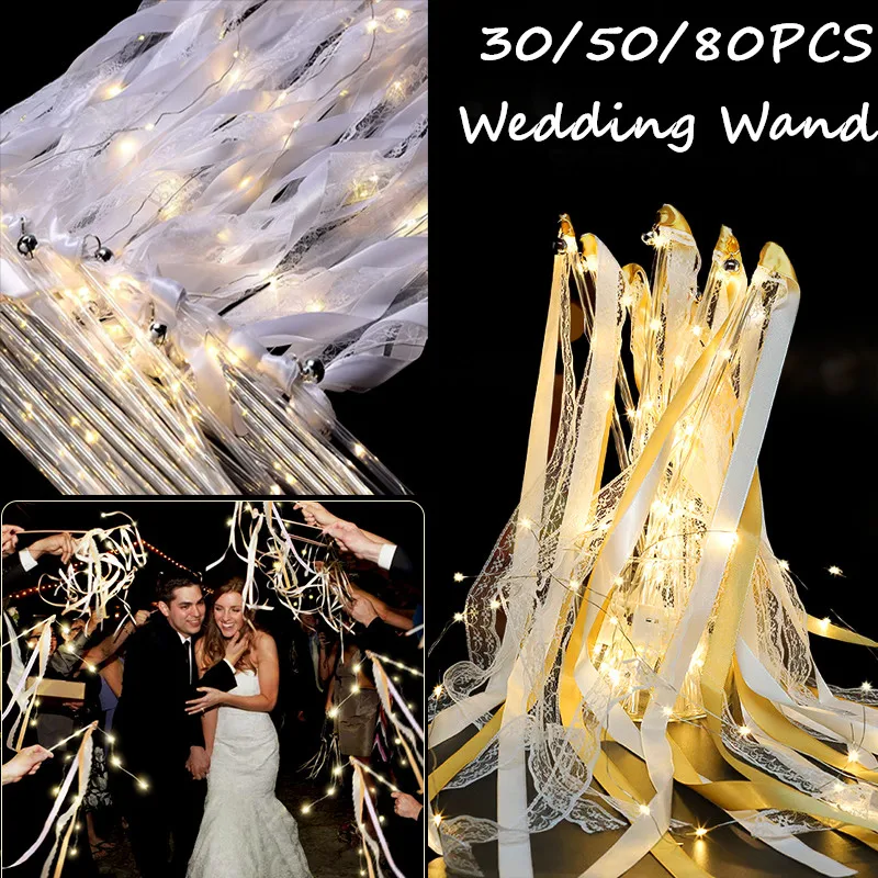 

30-80pcs Led Fairy Glow Wedding Stick Silk Fairy Stick With Bell Wands For Wedding Cheering Favors Birthday Party Prop Gifts