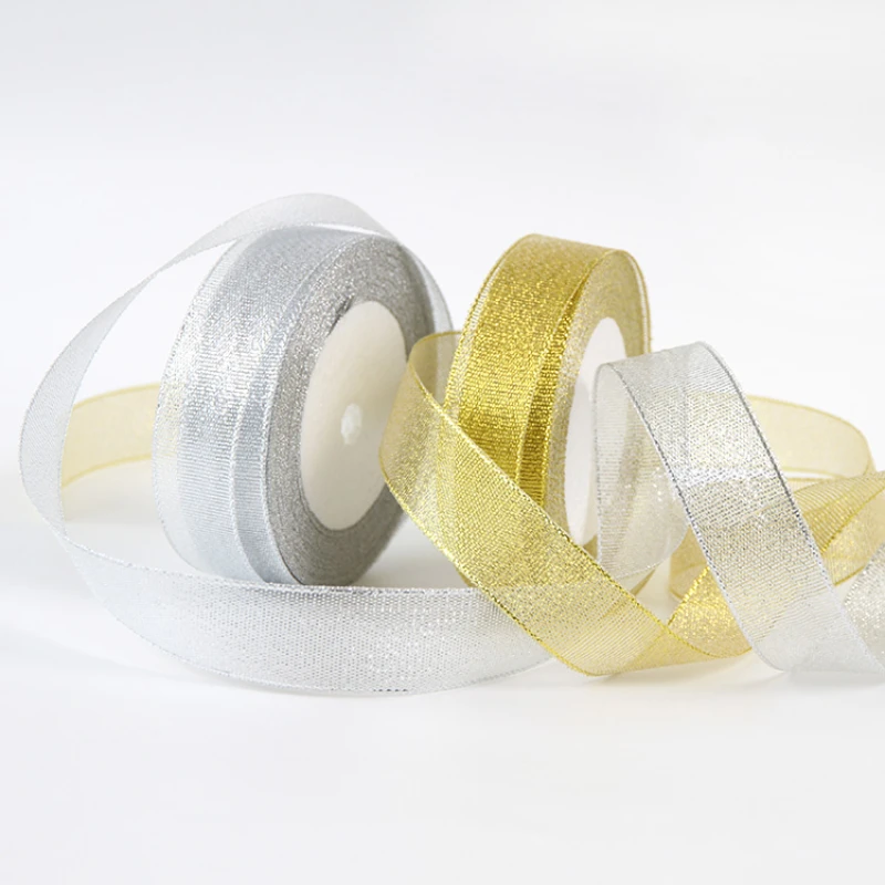 Nastro di cipolla in Organza oro/argento 25 Yards/roll Ribbons3-6-10-12-15-20-25-3.8-5mm per la decorazione del regalo della torta nuziale natale