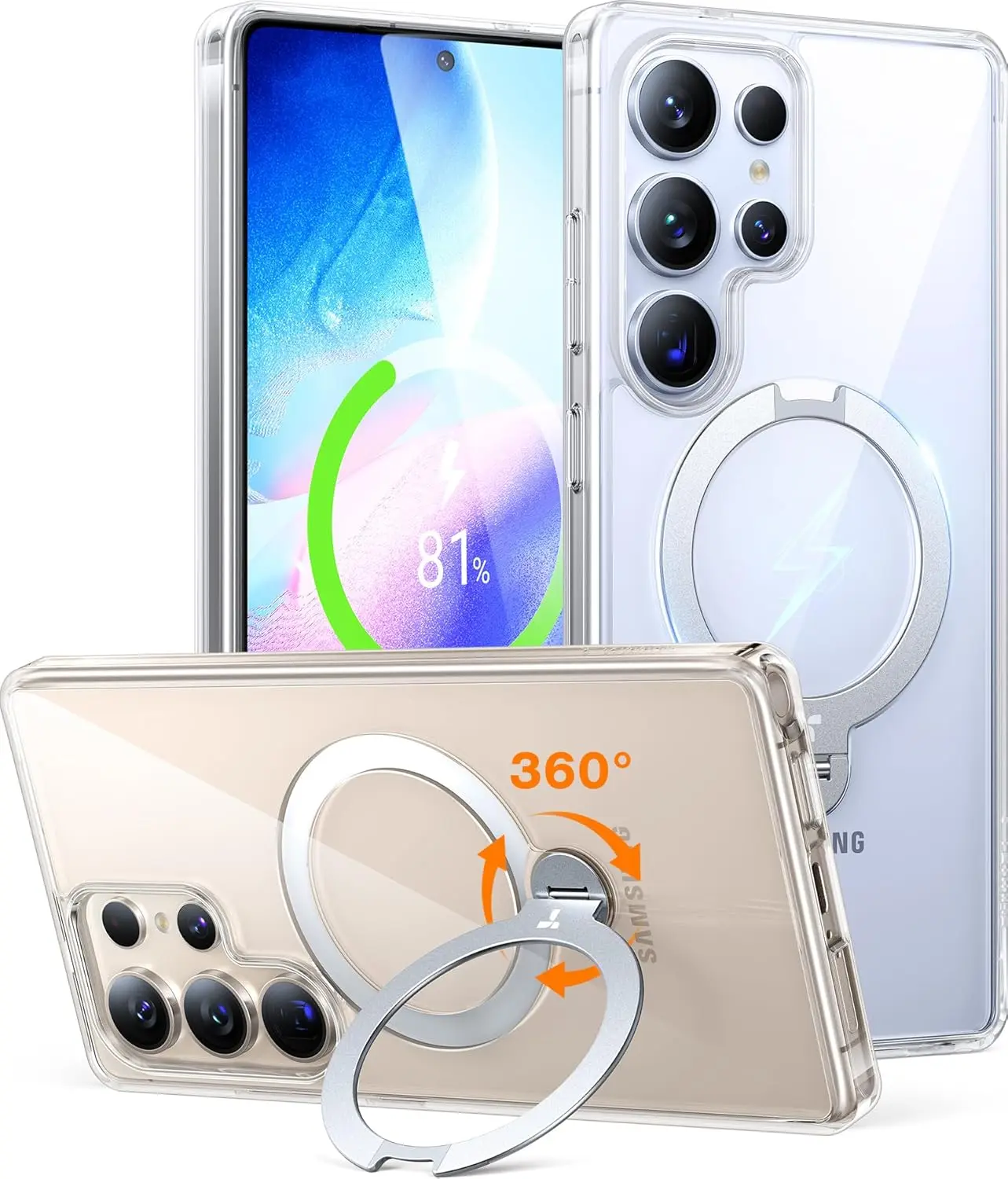 

360 ° Магнитная подставка для чехла Samsung Galaxy S25 Ultra, совместимая с MagSafe, тонкая, жесткая, из поликарбоната, с подставкой и кольцом-держателем