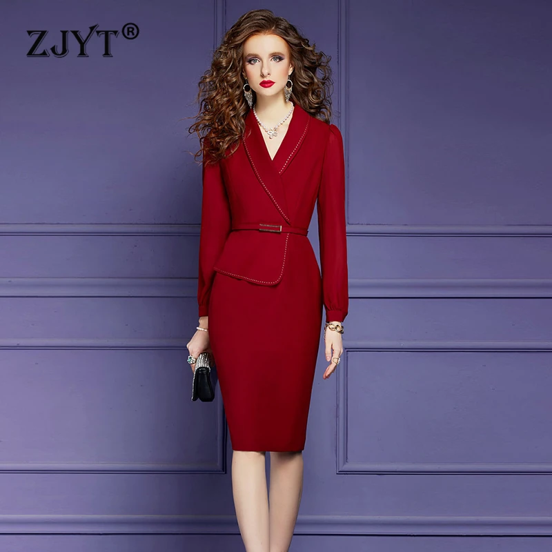 ZJYT Elegant Women\'s Office Pencil Dress Long Sleeve Red Cocktail Party Dresses Plus Size Knee Length Vestidos 2024 Spring New