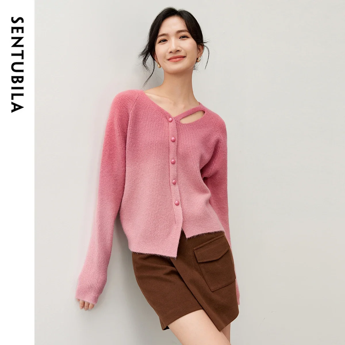 SENTUBILA Knitted Cardigan for Women Long Sleeve Knit Tops 2024 Autumn Winter V Neck Single Breasted Woman Knitwear W43E56951