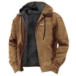 Winter New Men Casual Jackets Hooded Zipper Pocket Fashion Solid Color Fleece Warm Outerwear Male Outdoor Hooded Hoodie Coats