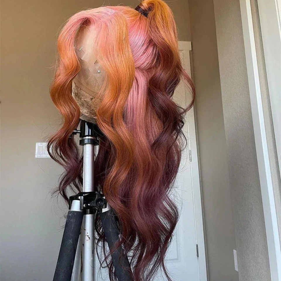 Ombre Pink Orange Lace Frontal Wigs Wavy 13X4 Lace Front Wig 180% Density Brazilian Remy Hair Colored Human Hair Body Wave Wigs