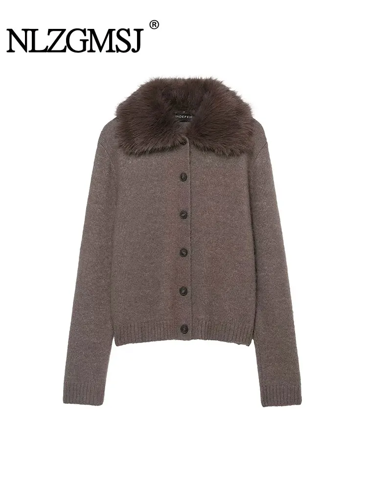 

Nlzgmsj 2022, осенний женский вязаный кардиган из искусственного меха с отложным воротником и длинными рукавами, однобортный женский свитер Y2k