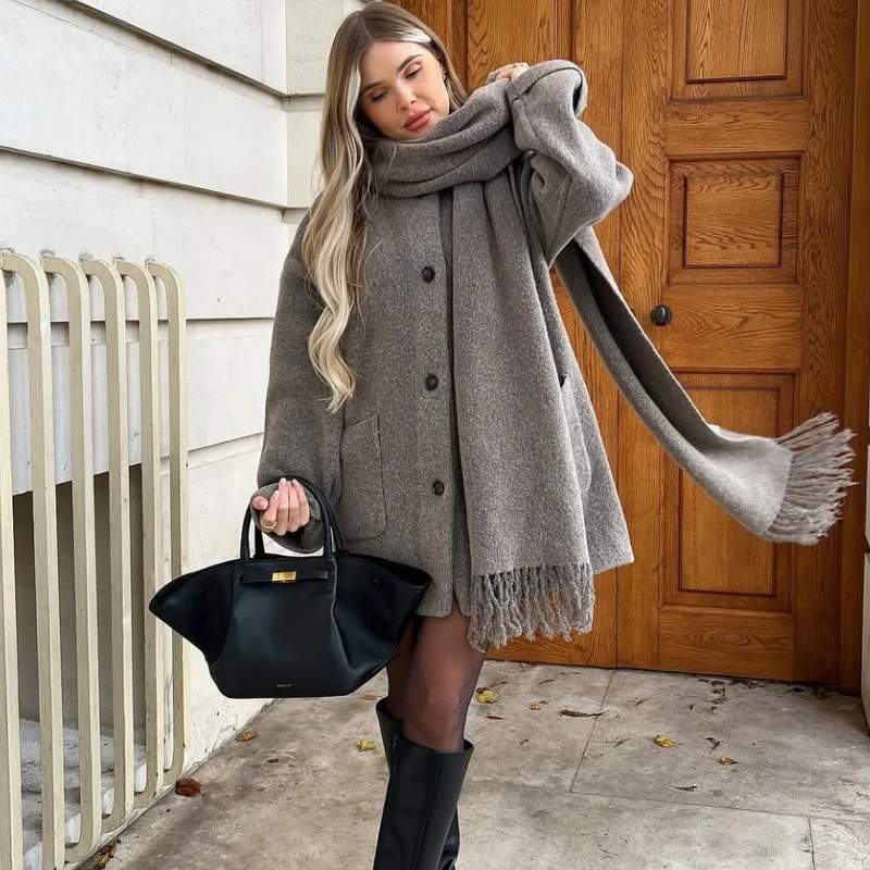 

TARUXY Fashion Scarf Knit Jacket Women's Long Sleeve Fall Winter Knitted Single-Breasted Pocket Splicing Chic Short Coat Female