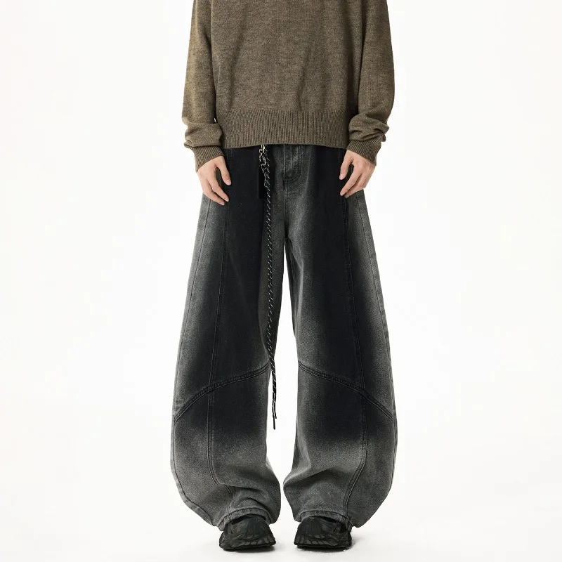 2026 Autumn Unisex Gradient Distressed Curved Jeans American Retro Loose Wide‑Leg Drape Denim Street Long Trousers
