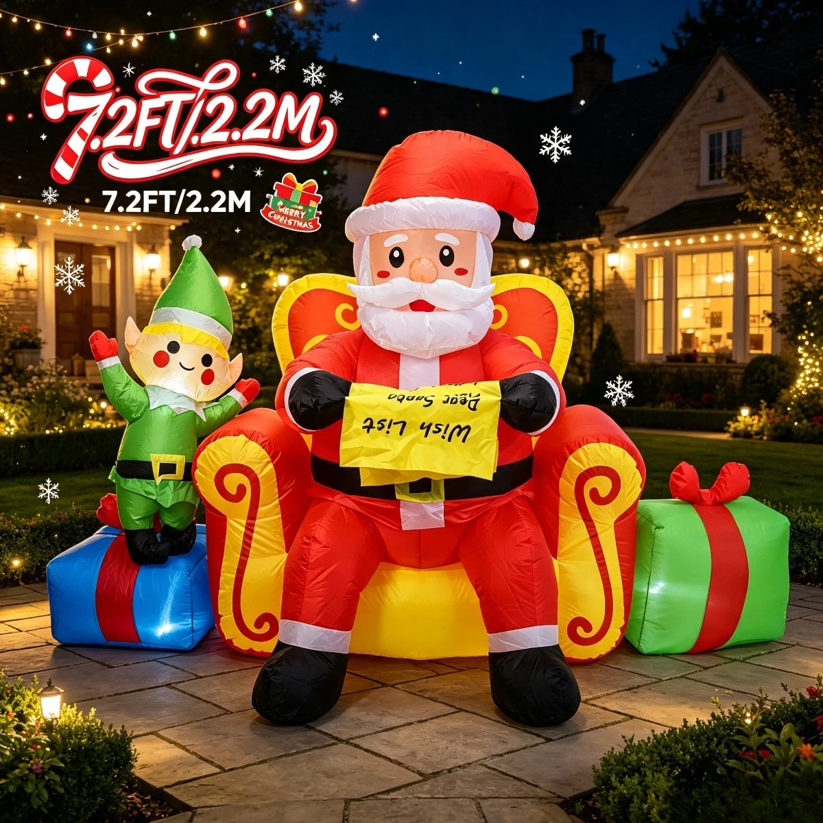 Santa'S Elves Holiday Lighting & Decor Llc - 7.2FT Christmas Inflatable Santa Reading Wish