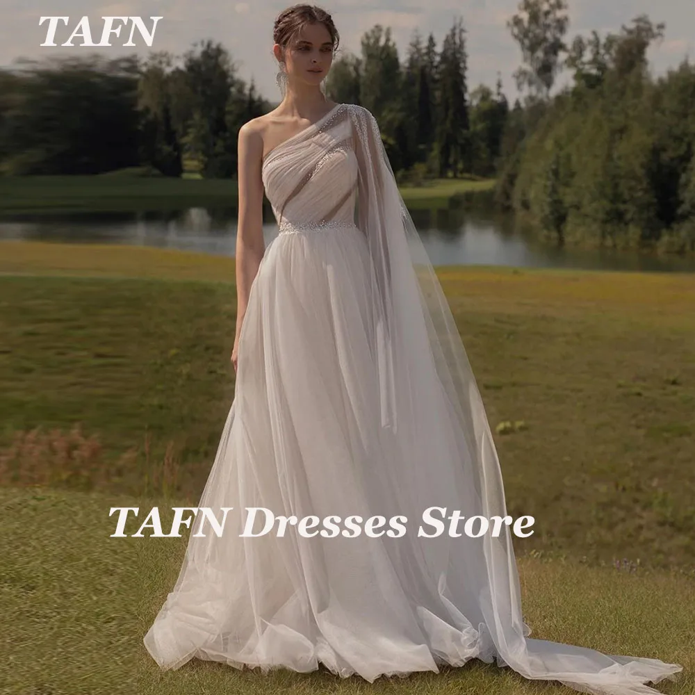 

TAFN One-Shoulder Wedding Dresses A-line Exquisite Sequined Tulle Bridal Gowns Custom Made Tulle Sweep Train Dress for Bride