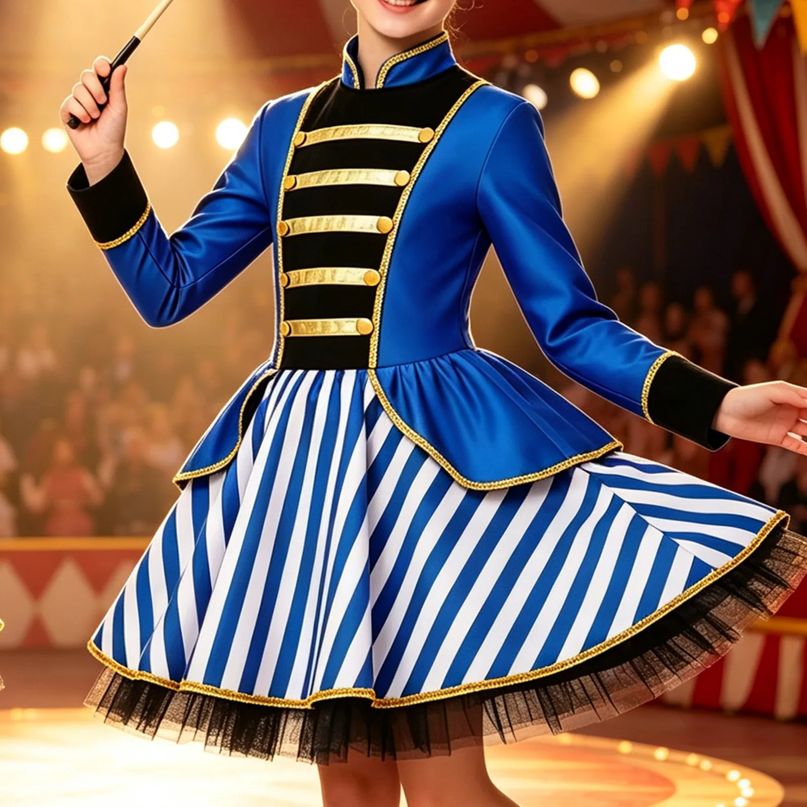 Kids Girls Halloween Circus Ringmaster Cosplay Costume Long Sleeve Zipper Striped Tutu Dress for Christmas Carnival Theme Party