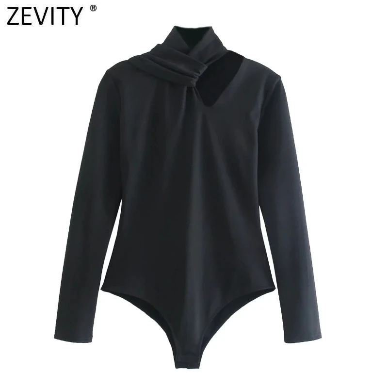 Zevity Women Sexy Candy Colors Hollow Out Design Knotted Bodysuits Office Ladies Casual Slim Siamese Chic Zipper Romper LS97981