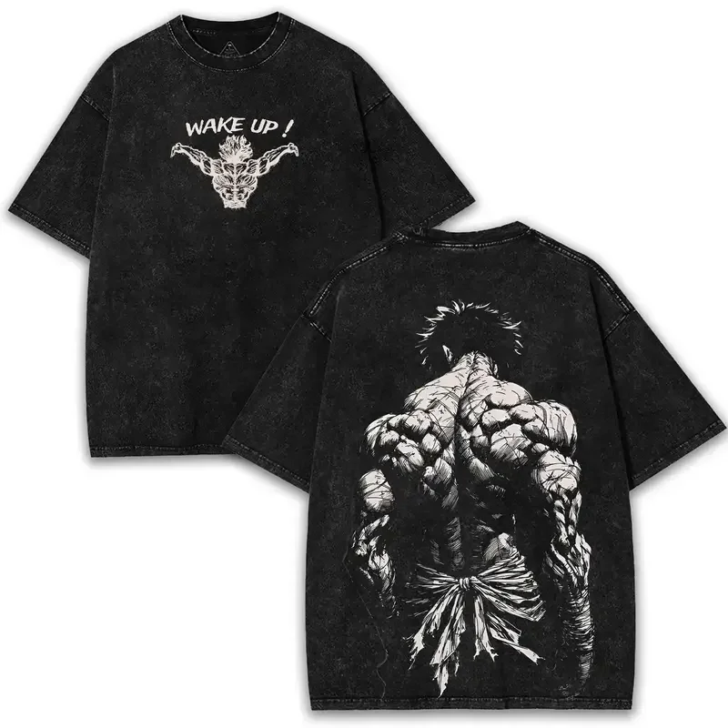 Anime BAKI Hanma Baki Graphic T Shirt Men Short Sleeve Clothing Oversized Tshirt Washed Cotton Tee Harajuku Male Vintage T-shirt