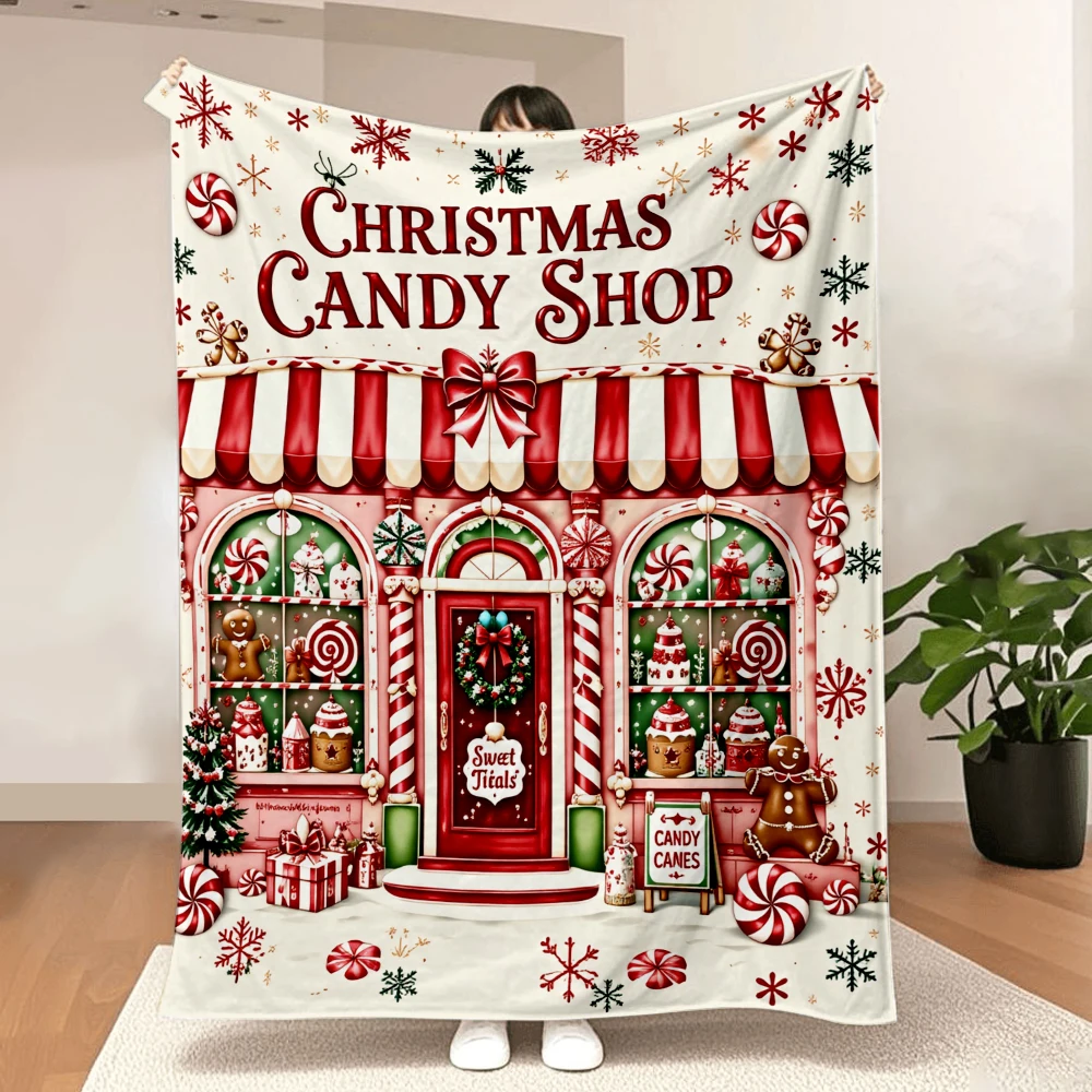 1PC Christmas Candy Shop Print Blanket-made of soft, fluffy flannel, perfect for a sofa, bed or lounge chair. Ideal for Christma