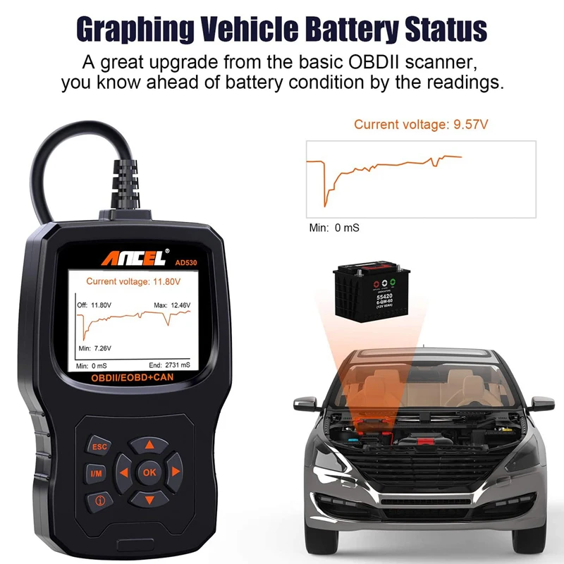 ANCEL AD530 Vehicle OBD2 Scanner Car Code Reader Diagnostic Scan Tool Enhanced Code Definition Upgraded Graphing Battery Status