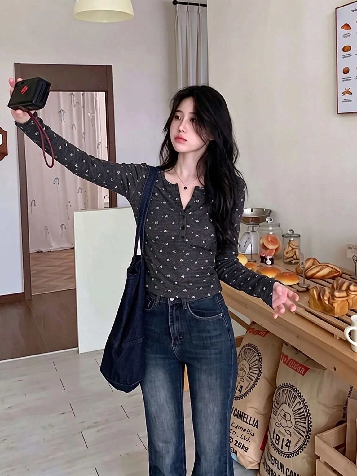 Korean Style Henry Collar Floral Long Sleeve T-Shirt Women's Slim Fit Base Shirt Light Maturity Unique Top Casual Comfortable