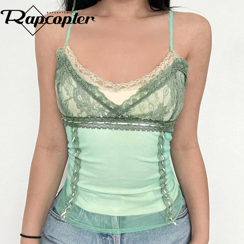 Rapcopter y2k Green Lace Crop Top V Neck Spaghetti Strap Mini Vest Women Vintage Patched Sweats Chic Grunge Camis Boho Tank Tops