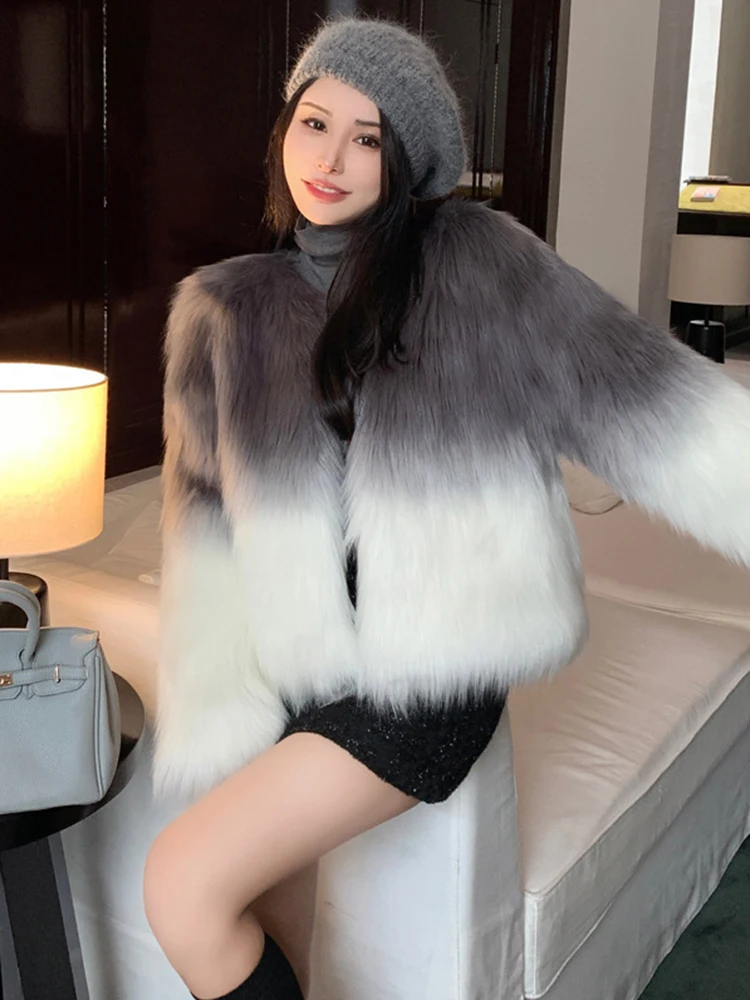 DEAT Fashion Gradient Color Fuax Fur Coat Women's O-neck Loose Thick Plush Imitation Fox Fur Grass Jacket Winter 2024 New 7AB628