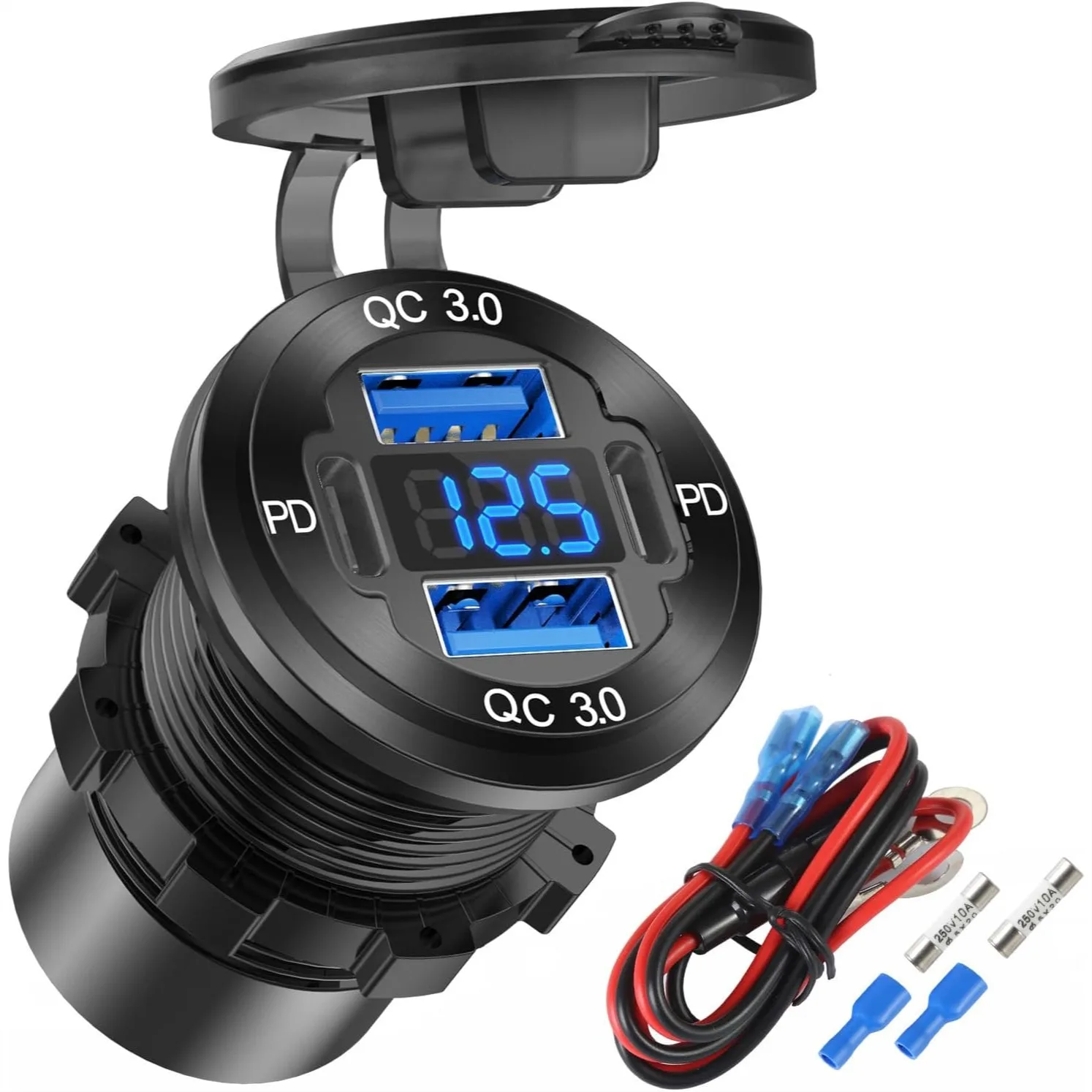 

4 Port USB Car Charger with Voltmeter, 78W PD QC Fast Charging, Waterproof for Marine Boat Motorcycle RV