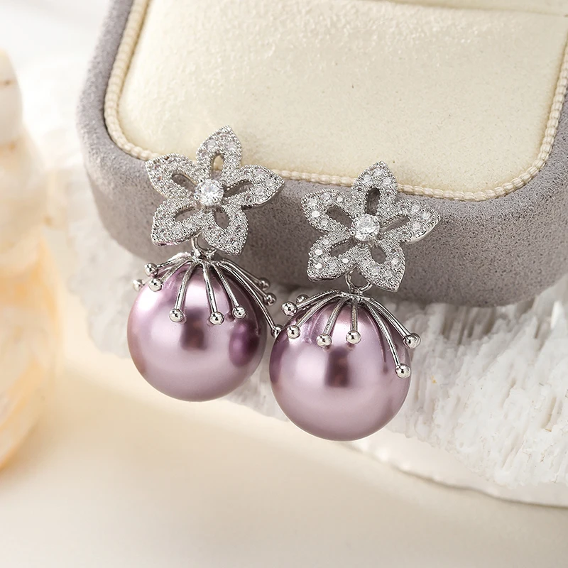 

SENYU Elegant Zircon Flower Drop Earrings Fashion 15mm Ball Pearl Women Earrings for Party Jewelry Gift Wedding Brides Earrings