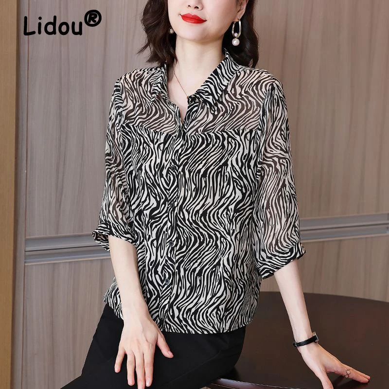 Women Zebra Pattern Printed Elegant Chiffon Shirts Summer Simple 3/4 Sleeve Office Lady Blouses Loose Tops Blusa Mujer Moda 2023