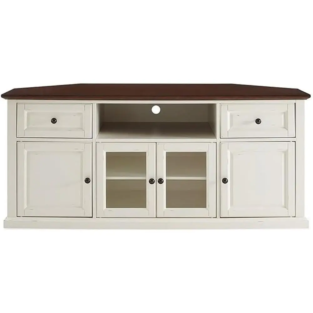 

Тумба под телевизор 60 дюймов, белая, состаренная, с березовым шпоном, дверцами с рельефной панелью, регулируемыми полками и системой кабель-менеджмента для телевизоров 65+ дюймов