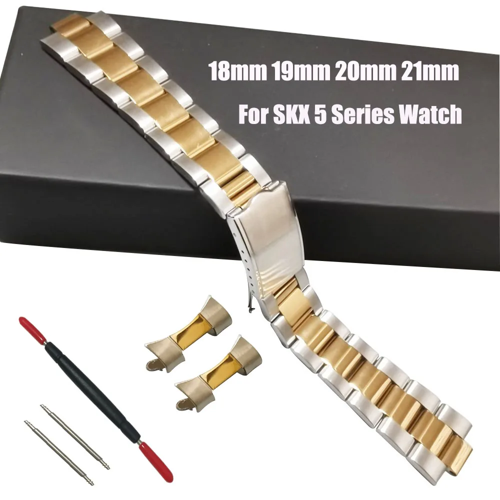 Middle Gold 18mm 19mm 20mm 21mm Stainless Steel Vintage Oyster Curved End Watch Strap Band Bracelet Fit for RLX SKX Watch