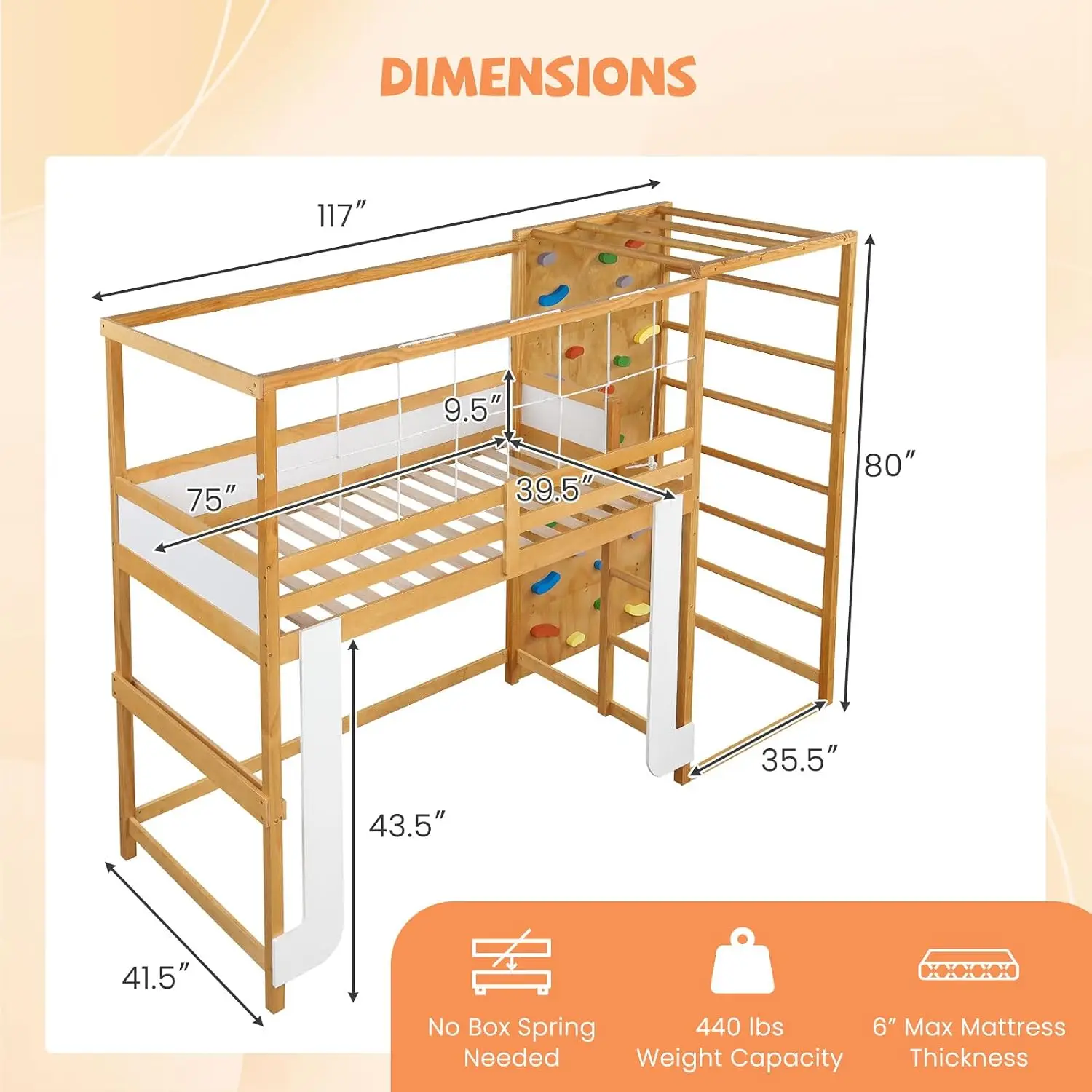 Twin Bunk Bed with Jungle Gym, 4-in-1 Wooden Loft Bed with Climbing Ladder, Rock Wall & Monkey Bar, Montessori, Customized