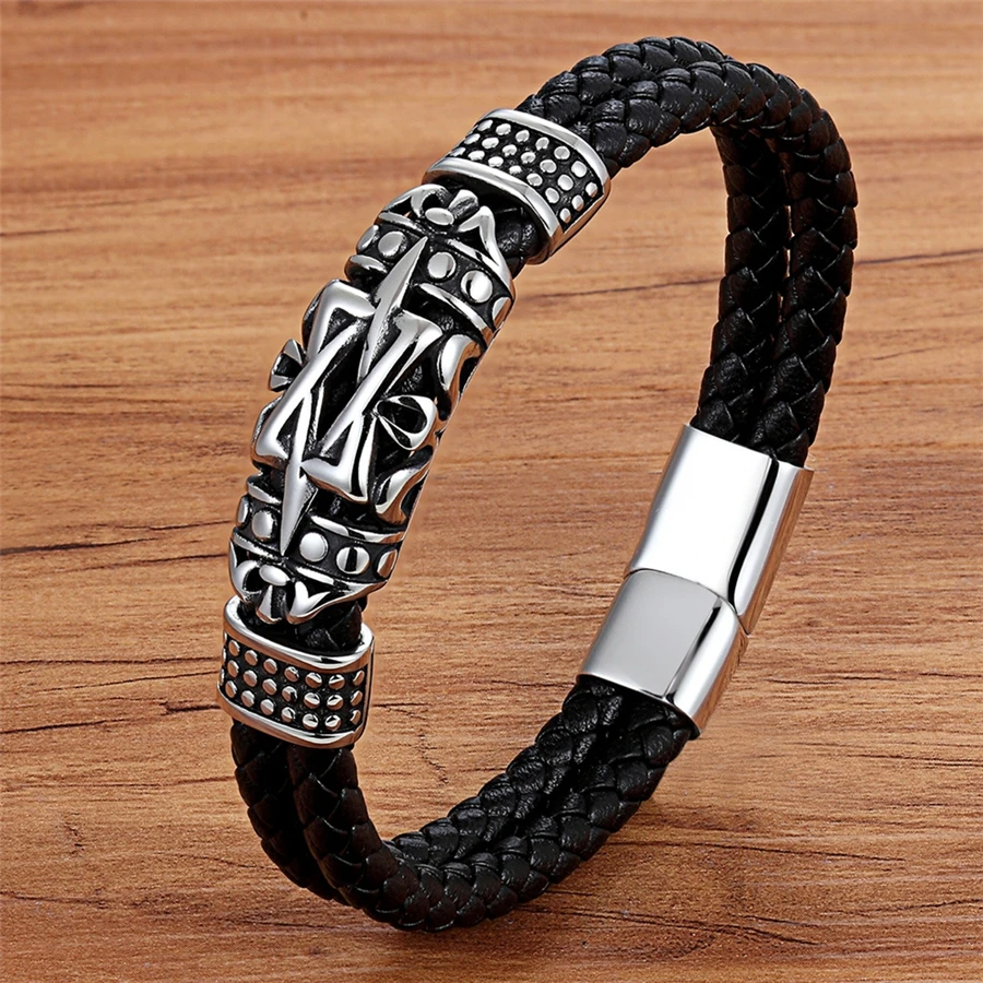 

OKLA Punk Style Ancient Architecture Totem Elegant Small Adorn Article Genuine Leather Bracelet Double Layer Hand Jewelry Gift