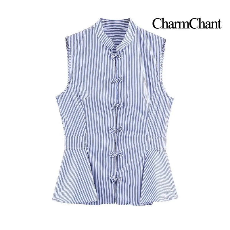 CHARMCHANT Women's Striped Mandarin Collar Frog Button Sleeveless Peplum Waistcoat Vest Casual Chinese Style Summer 2026