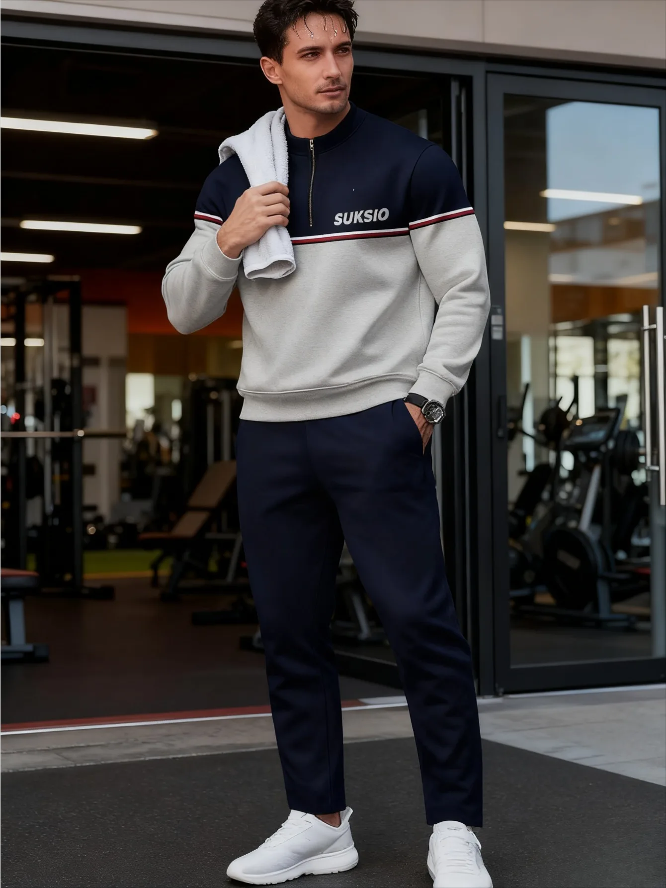 Conjunto de 2 piezas, conjunto deportivo de manga larga y pantalones largos a la moda para hombres europeos y americanos