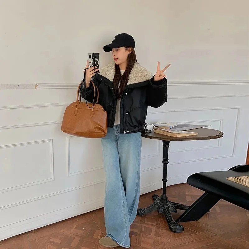 厚手フェイクラムPUレザージャケット レディース Y2K ストリートウェア ルーズラペル バイクコート BF アメリカンレトロ 暖かいボンバージャケット アウター 新作