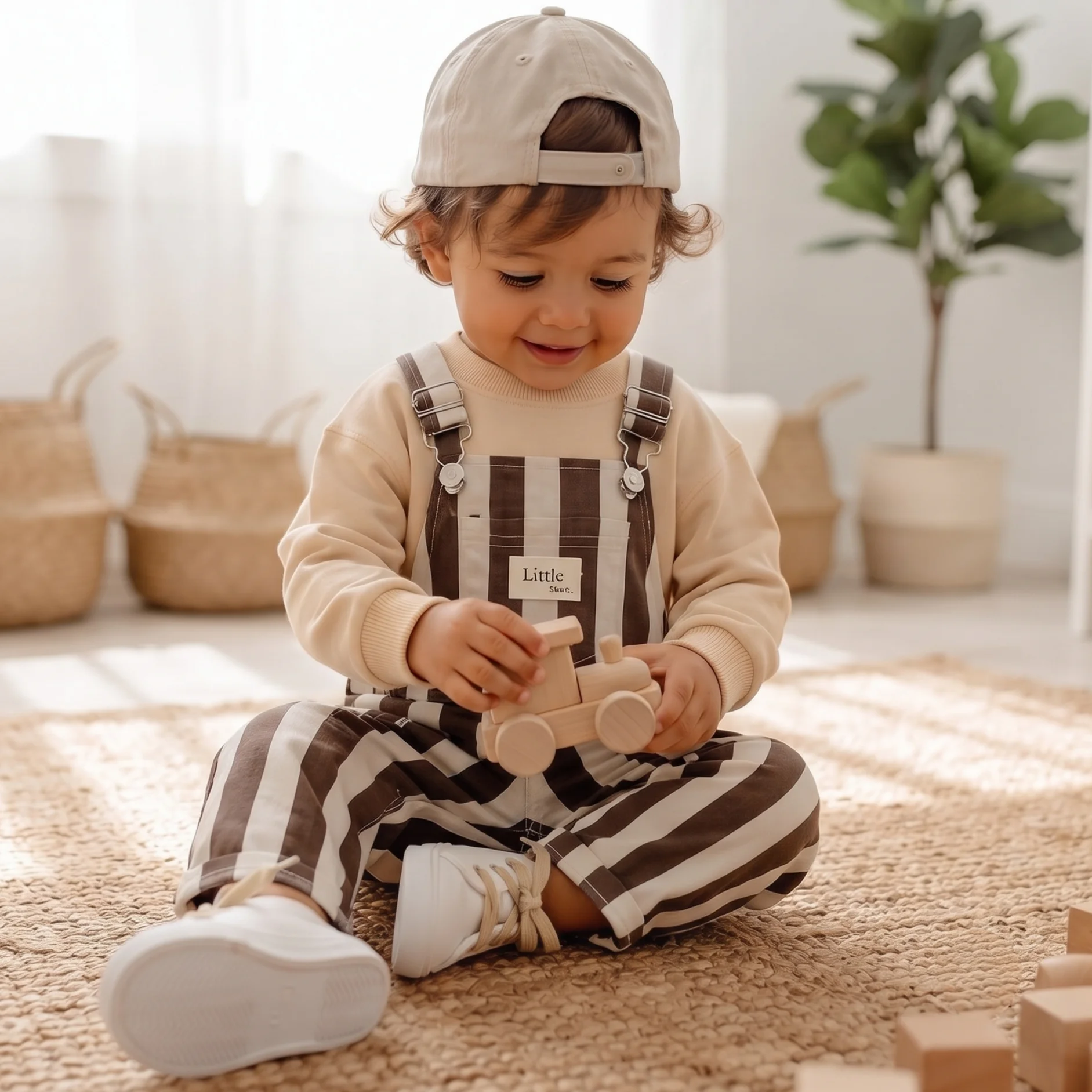 Coffee White Vertical Stripe Baby Overalls Adjustable Buckle Strap Roll Cuff Kids Jumpsuit Spring Casual Pants