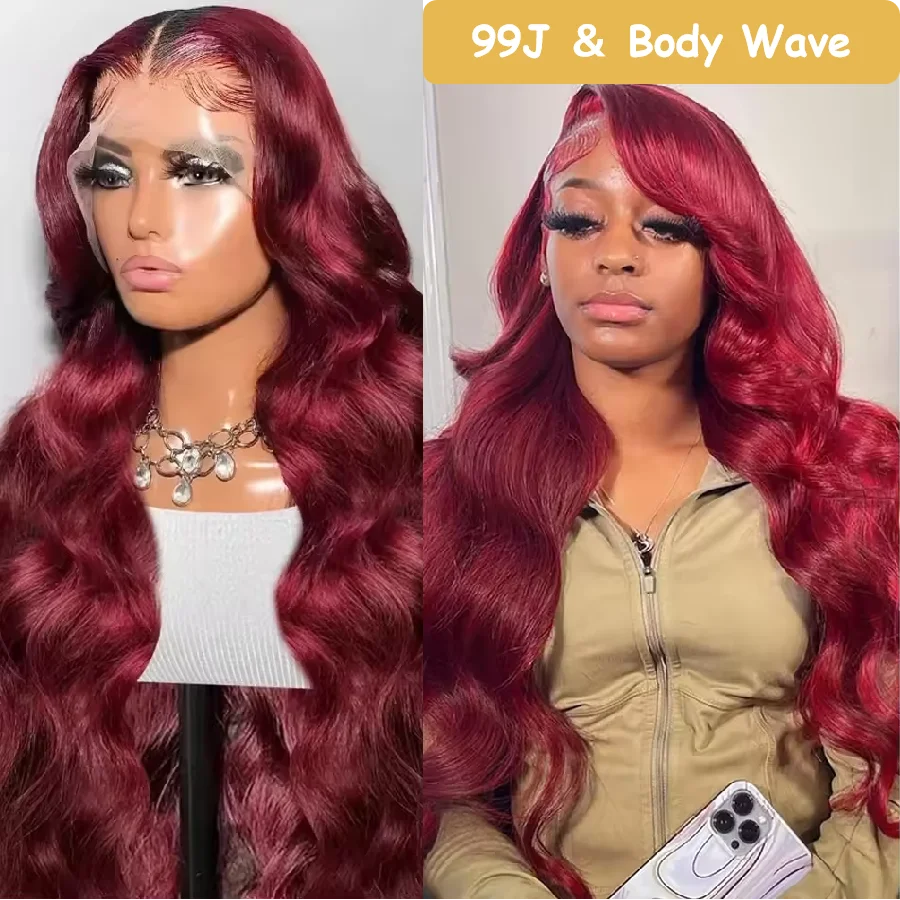 

Парик с кружевной передней частью 99J Burgundy, 13x6, с эффектом Body Wave, HD прозрачный кружевной фронтальный парик из натуральных волос, предварительно выщипанный, цвет 99J красный