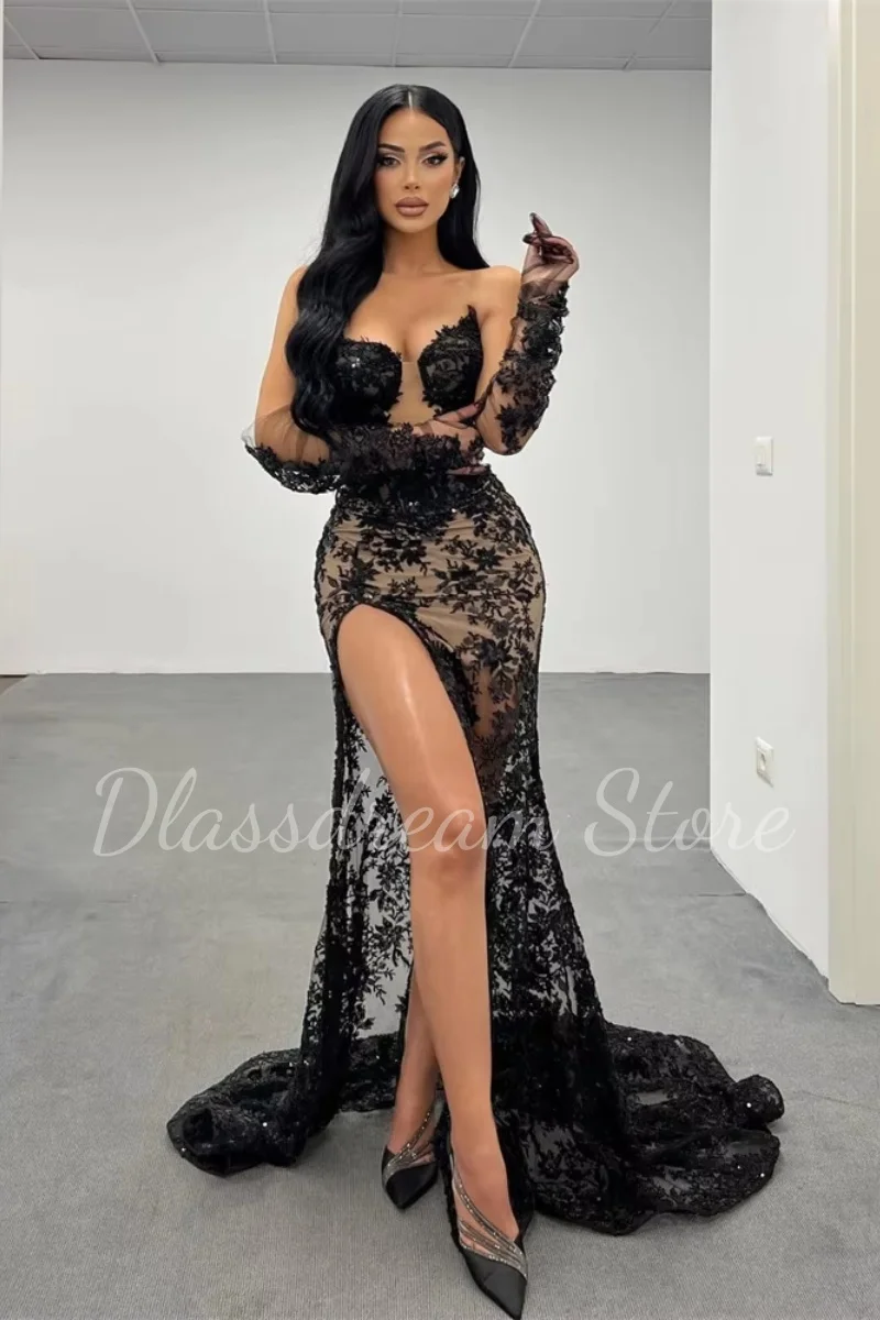 Vestido de noche de encaje negro Sexy personalizado, vestido de fiesta sin mangas con escote en forma de corazón y guantes, vestido de fiesta, bata de trompeta con abertura lateral alta