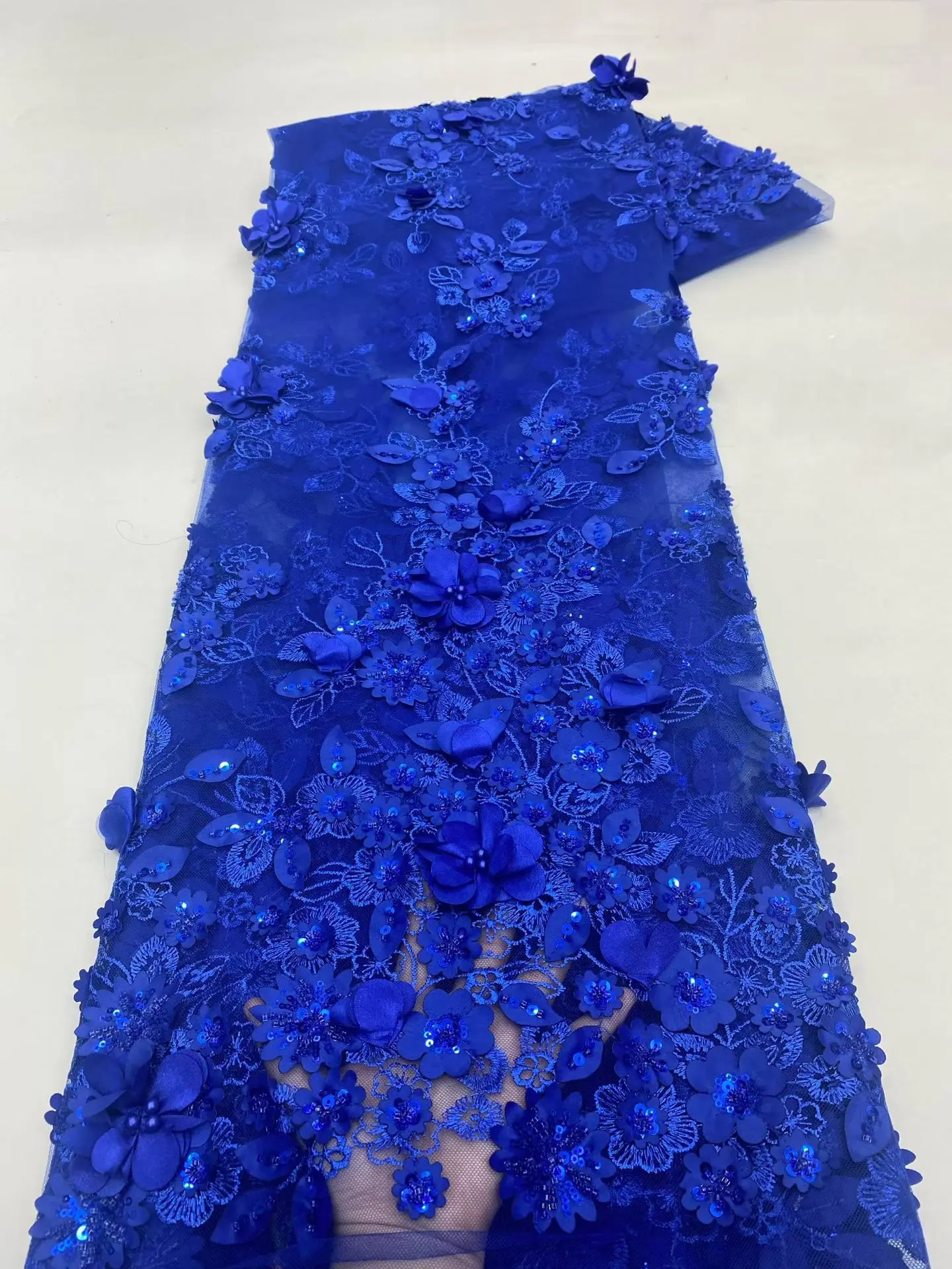 African 3D Flower Lace Fabric 2026 High Quality French Mesh Beaded Lace Fabric Nigerian Sequins Lace Fabrics For Wedding Dress view 4