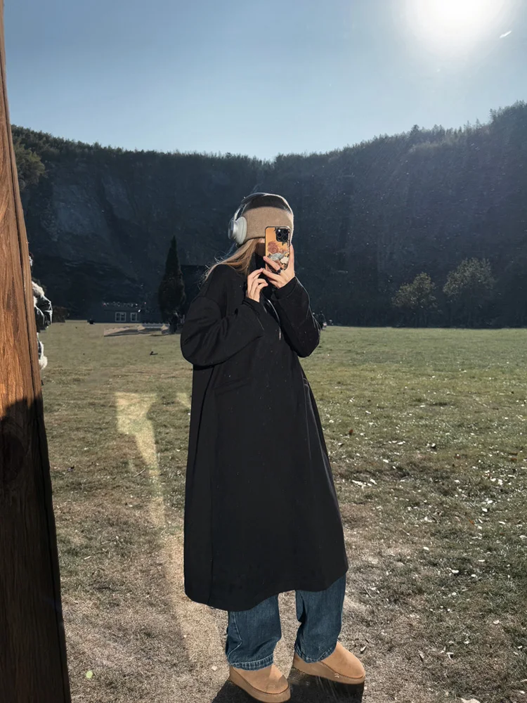 

LADYC Autumn Winter High Ne Slim Fit Fce Lined Midi Hoodie Dr Ele Crtsmanip Straight Cut Long Sve Zipper