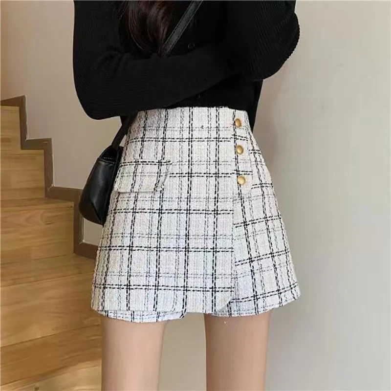 ITOOLIN Women Irregular Tweed Shorts Spring Plaid Buttons Shorts A-line Wide Leg Skirts For Women High Waist Skirts 2023