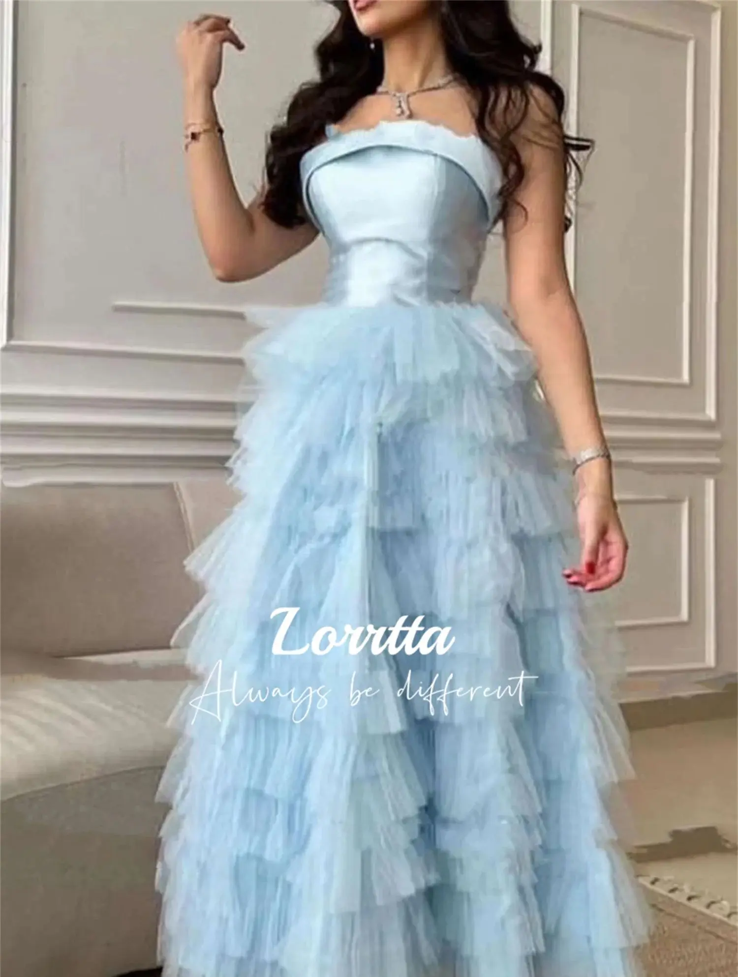 Lorrtta Sky Blue Ankle Length Layered Off the Shoulders Ball Gown Strapless Women\'s Evening Dress for Prom 2024 Customized