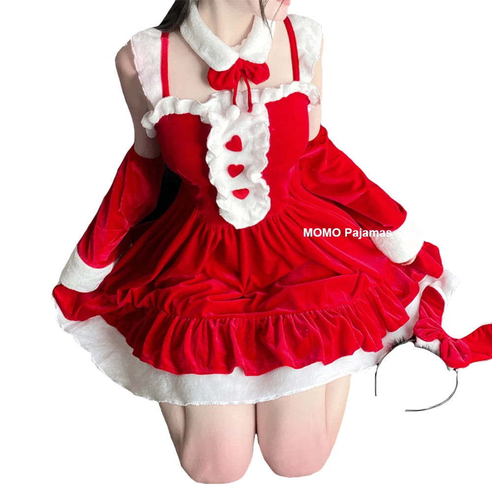 Lolita Maid Christmas Velvet Dress Red Pink Ladies Santa Claus Cosplay Costume Bunny Girl Uniform Faux Fur Ruffle Party Dresses