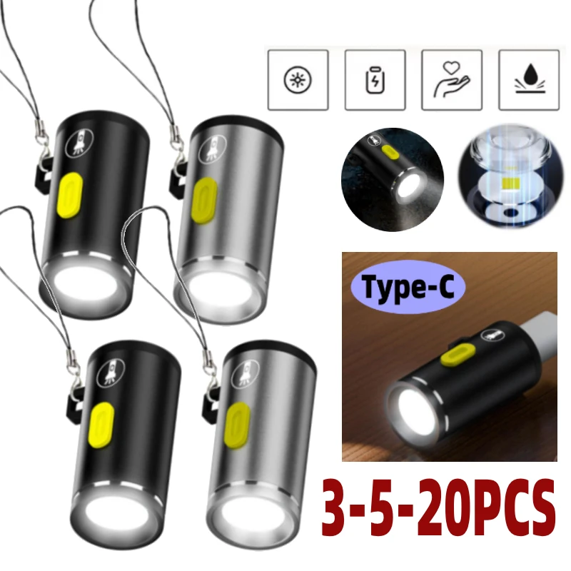 

3-5-20Pcs Pocket LED Flashlight Camping Emergency Torch Type-C Rechargeable Flashlights Mini Edc Keychain Mini Led Light Tools