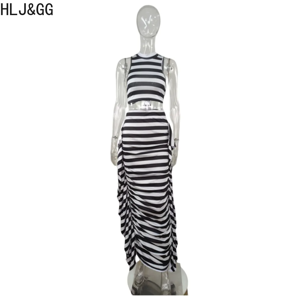 Saia HLJ & GG-Stripe Printing Tassels para mulheres, colete sem mangas, saias magras, roupas de streetwear, moda outono, conjunto de 2 peças