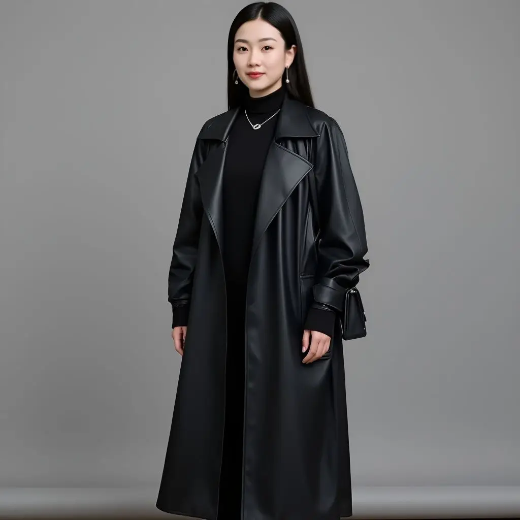 تصميم الحلل الجلدية خندق معطف للنساء ربيع الخريف فوق الركبة طويلة بولي Leather سترة جلدية الإناث سترة واقية من الجلد الأسود