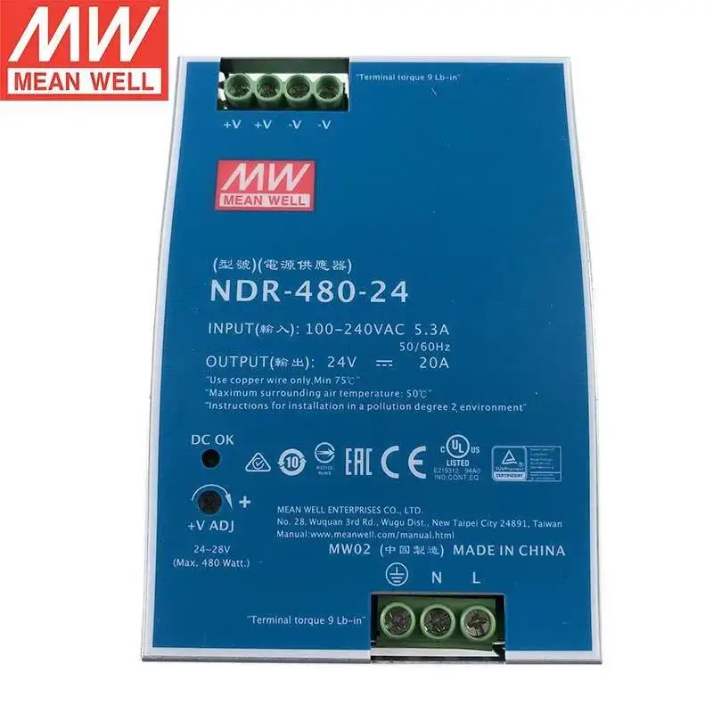 MeanWell NDR-480-24 24V 20A 480W Single Ouput Industrial DIN RAIL Built-in active PFC Function Switching Power