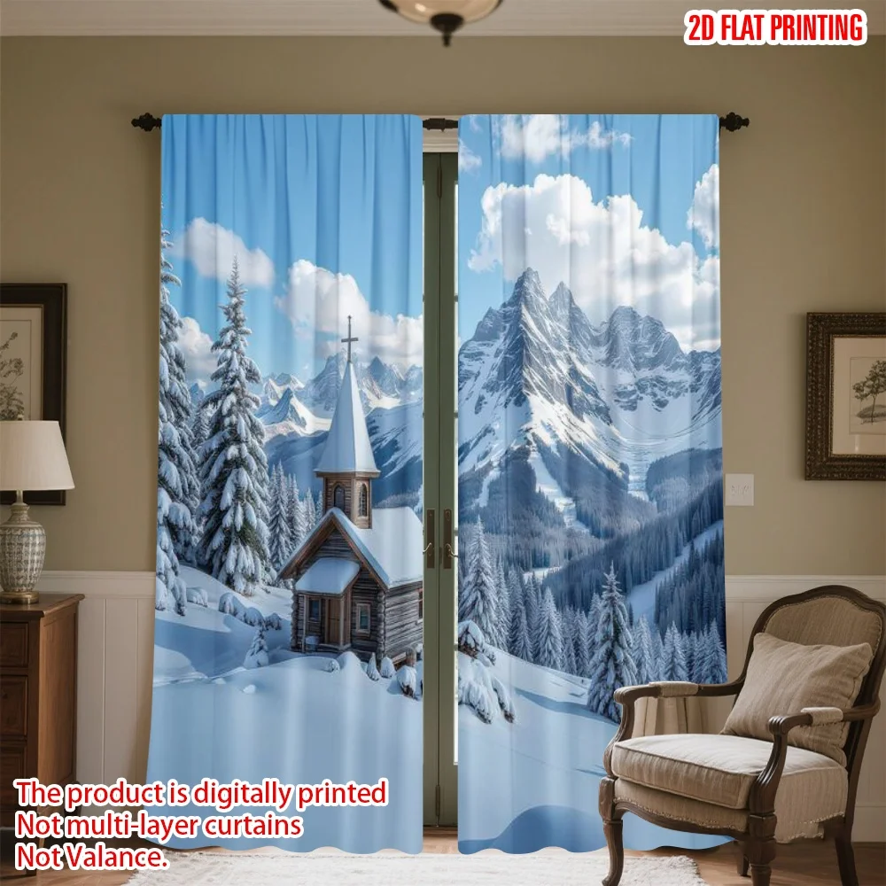 

2D flat printing 2pcs Drapes Snowy Mountain Chapel Digital Printed Polyester Drapes Festive Wall Decor for Entryway Room Parties