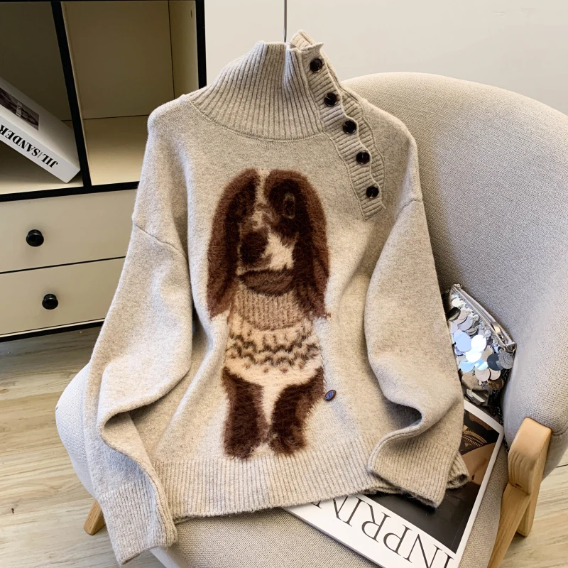 

Women Apricot Knit Pullover Sweater Vintage 2000s Dog Print Jumper Knitwear Long Sleeves Korean Soft Cozy Sweater Autumn Winter