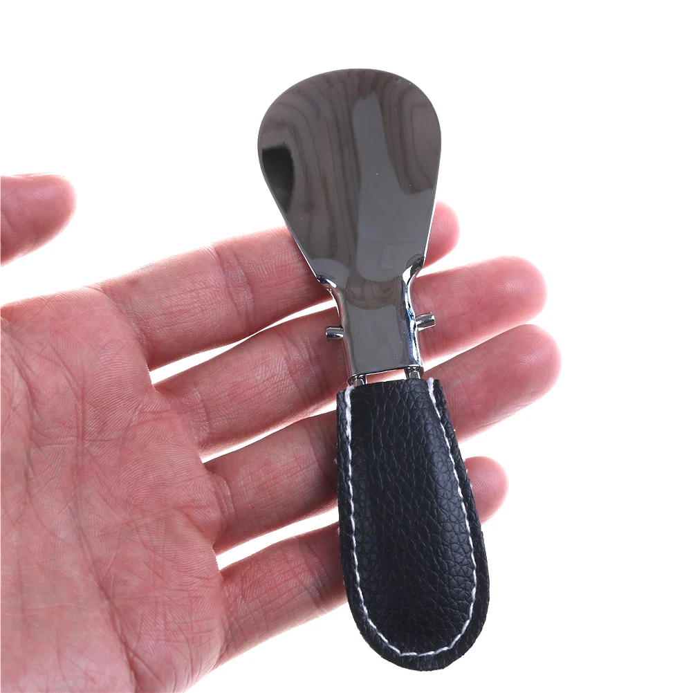 12*3.5cm Fold Shoe Horn Stainless Steel Foldable PU Leather Handle Durable Shoehorn With Leather Protective Cover