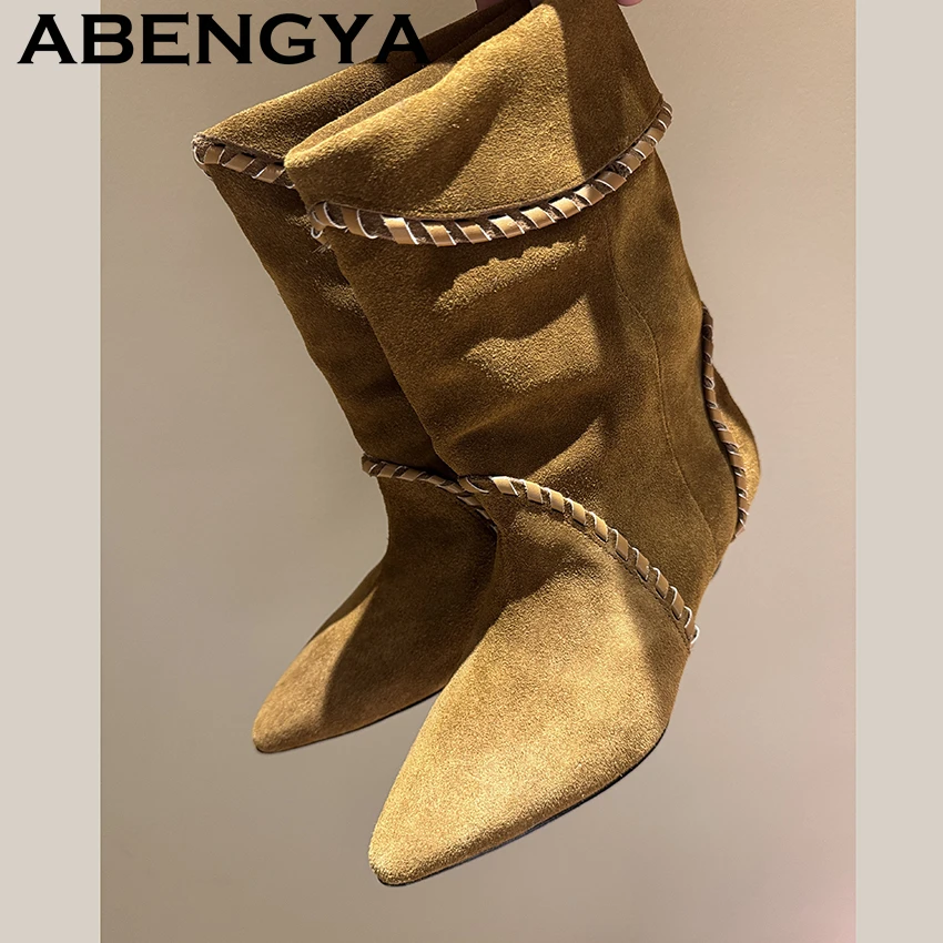 2025 Autumn Retro Suede Leather Weave Ankle Boots For Women Pointed Toe Low Heels Chelsea Boots Western Cowboy Short Botas Mujer