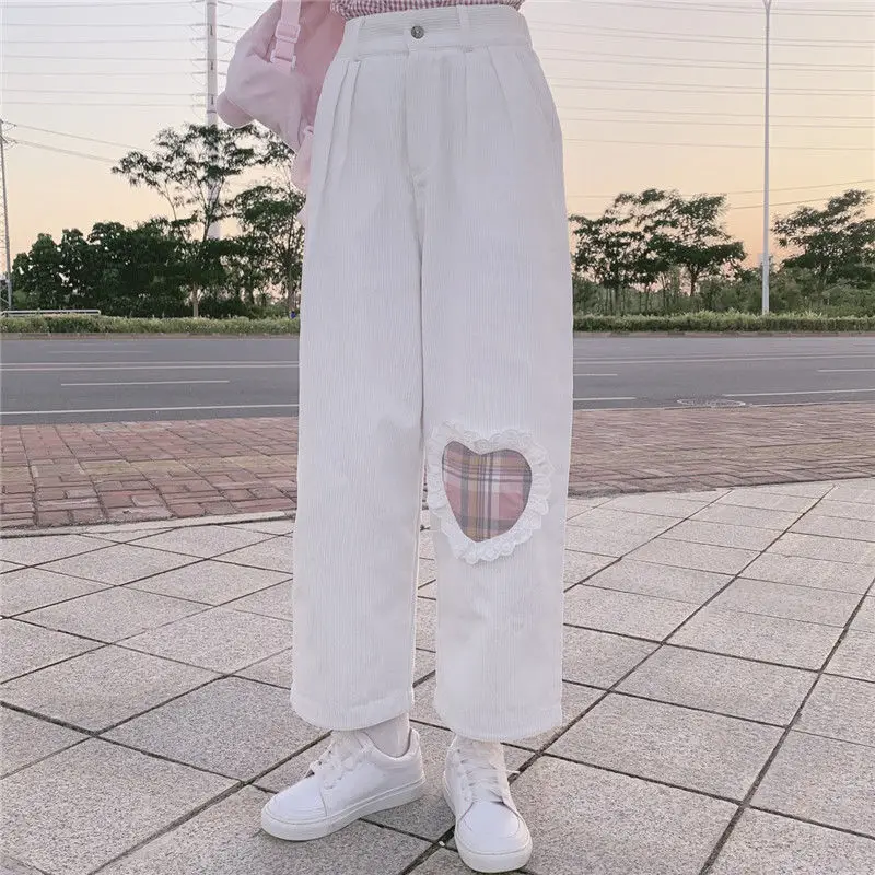 Sweet Corduroy Pants Women Japanese Straight Leg Casual Pants Harajuku Cute Oversized Wide-leg Cropped Trousers S-2XL